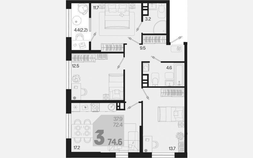 <span>Продается 3-комн. квартира,</span><span>72.40 м², 5/9 этаж </span> фото 0