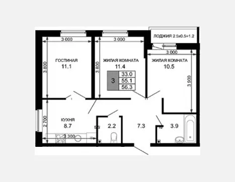 3-комн. квартира, 55.10 м², 2/16 этаж фото 0