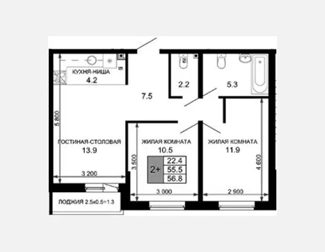 3-комн. квартира, 55.50 м², 2/16 этаж фото 0