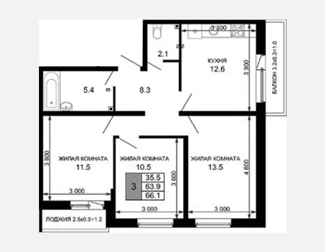 3-комн. квартира, 63.90 м², 2/16 этаж фото 0