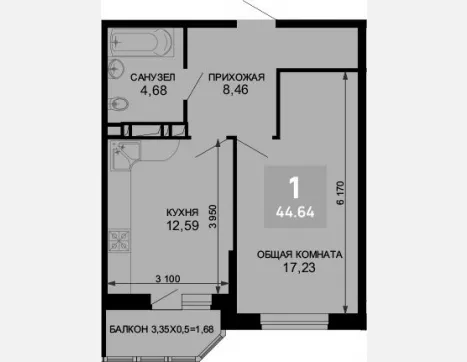 1-комн. квартира, 42.96 м², 17/19 этаж фото 0