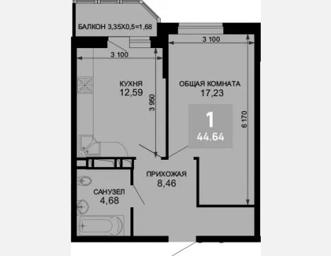1-комн. квартира, 42.96 м², 2/19 этаж фото 0