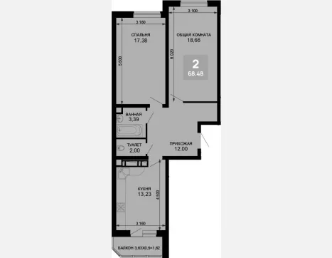 2-комн. квартира, 66.66 м², 5/19 этаж фото 0