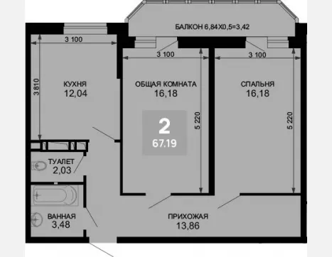2-комн. квартира, 63.77 м², 6/19 этаж фото 0