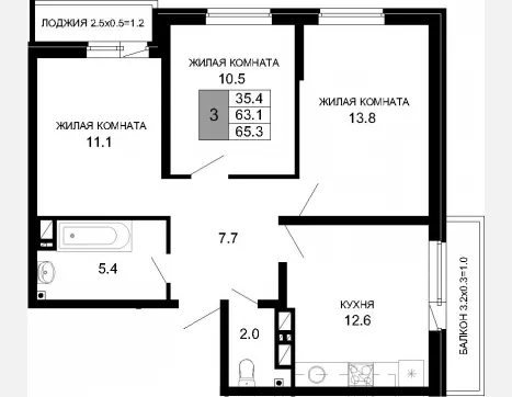 3-комн. квартира, 63.10 м², 14/16 этаж фото 0