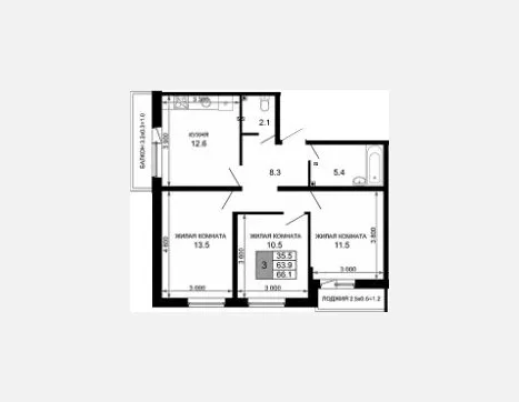 3-комн. квартира, 63.90 м², 2/16 этаж фото 0