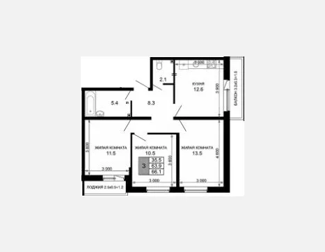 3-комн. квартира, 63.90 м², 2/16 этаж фото 0