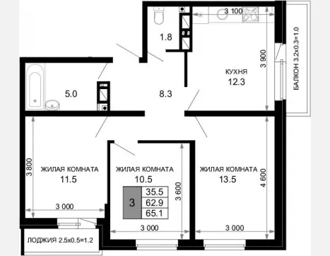3-комн. квартира, 62.90 м², 6/16 этаж фото 0