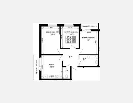 3-комн. квартира, 64.20 м², 2/16 этаж фото 0