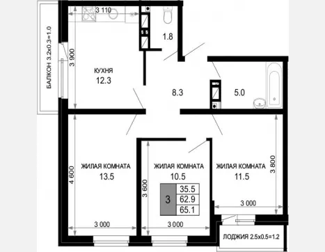 3-комн. квартира, 62.90 м², 15/16 этаж фото 0