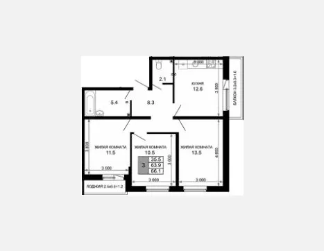 3-комн. квартира, 63.90 м², 2/16 этаж фото 0
