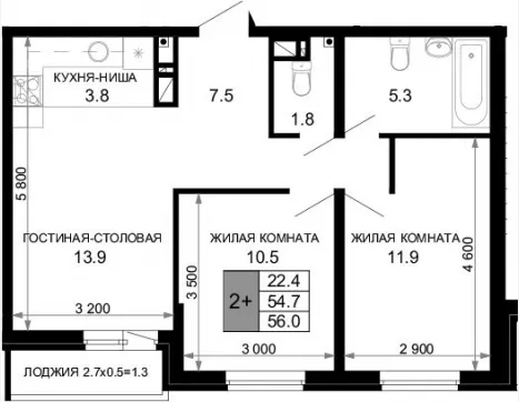3-комн. квартира, 54.70 м², 6/16 этаж фото 0