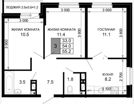 3-комн. квартира, 54 м², 16/16 этаж фото 0