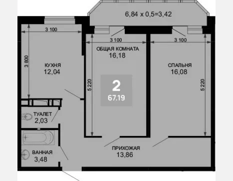 2-комн. квартира, 63.77 м², 2/19 этаж фото 0
