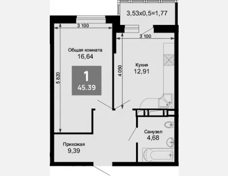 1-комн. квартира, 43.62 м², 13/15 этаж фото 0