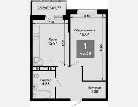 1-комн. квартира, 43.62 м², 5/15 этаж фото 0