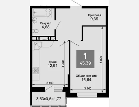 1-комн. квартира, 43.62 м², 6/15 этаж фото 0