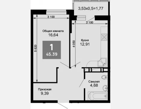 1-комн. квартира, 43.62 м², 15/15 этаж фото 0