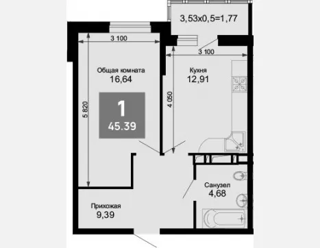 1-комн. квартира, 43.62 м², 8/15 этаж фото 0