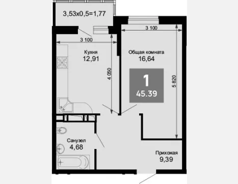 1-комн. квартира, 43.62 м², 14/15 этаж фото 0
