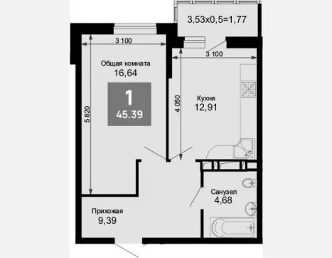 1-комн. квартира, 43.62 м², 5/15 этаж фото 0