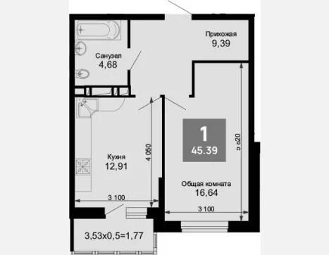 1-комн. квартира, 43.62 м², 15/15 этаж фото 0
