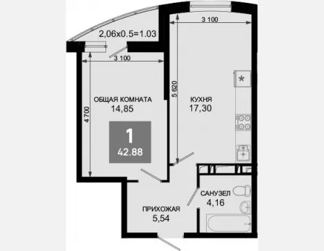 2-комн. квартира, 41.85 м², 19/19 этаж фото 0