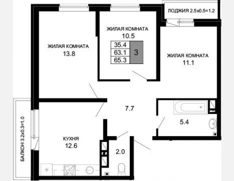 3-комн. квартира, 63.10 м², 3/16 этаж фото 0