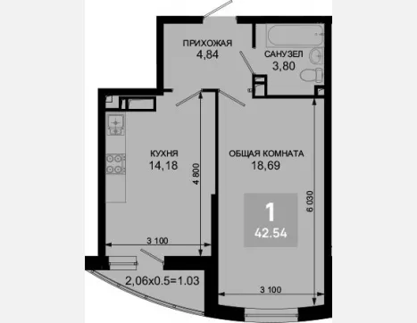 1-комн. квартира, 41.51 м², 16/19 этаж фото 0