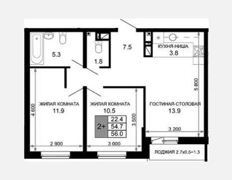 3-комн. квартира, 54.70 м², 14/16 этаж фото 0