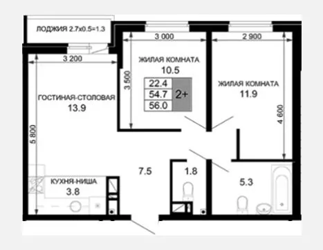 3-комн. квартира, 54.70 м², 4/16 этаж фото 0
