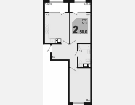 2-комн. квартира, 55.90 м², 8/9 этаж фото 0
