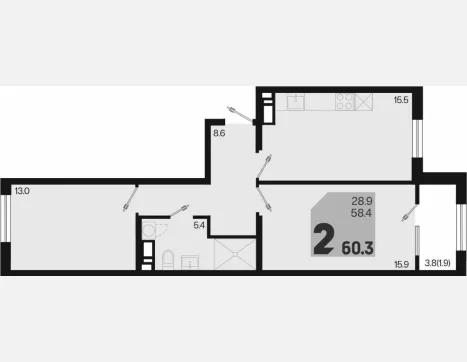 3-комн. квартира, 58.40 м², 6/9 этаж фото 0