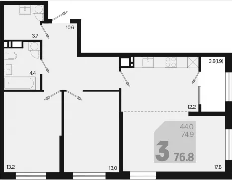 3-комн. квартира, 74.90 м², 4/18 этаж фото 0