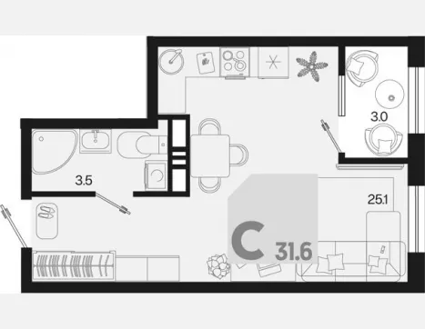 студия, 28.60 м², 12/18 этаж фото 0
