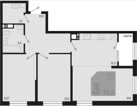 3-комн. квартира, 74.90 м², 16/18 этаж фото 0