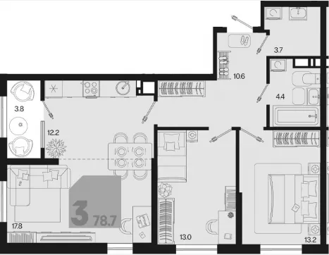 3-комн. квартира, 74.90 м², 18/18 этаж фото 0