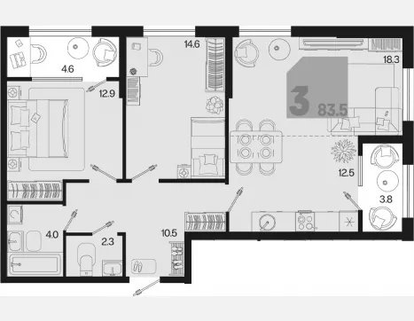 3-комн. квартира, 75.10 м², 2/9 этаж фото 0