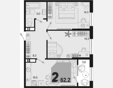 3-комн. квартира, 58.40 м², 18/18 этаж фото 0