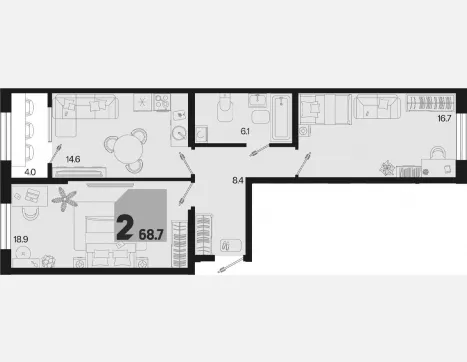 2-комн. квартира, 64.70 м², 2/18 этаж фото 0