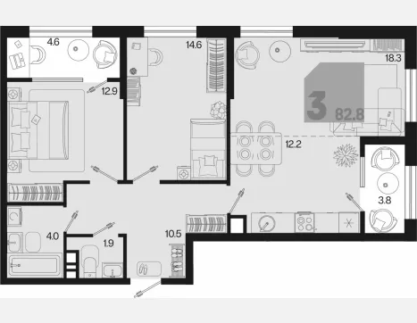 3-комн. квартира, 74.40 м², 9/9 этаж фото 0