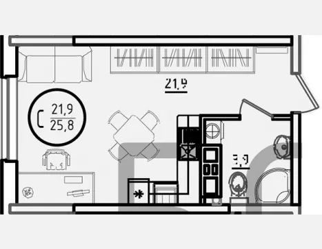 студия, 25.80 м², 8/9 этаж фото 0