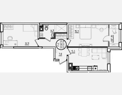 2-комн. квартира, 58 м², 7/9 этаж фото 0