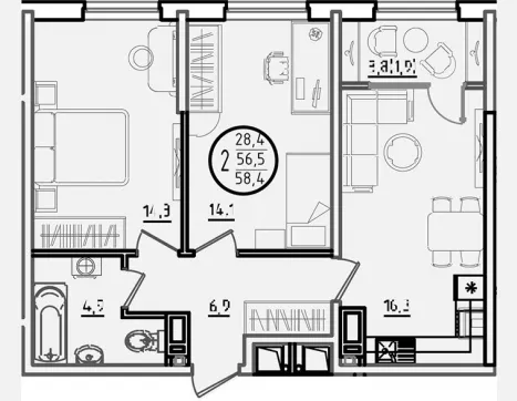 2-комн. квартира, 56.50 м², 15/18 этаж фото 0