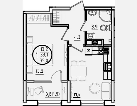 1-комн. квартира, 33.10 м², 8/9 этаж фото 0