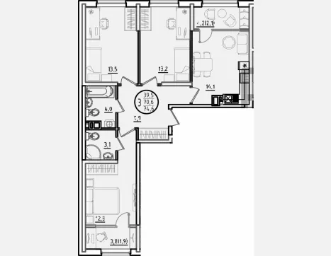 3-комн. квартира, 70.60 м², 5/9 этаж фото 0