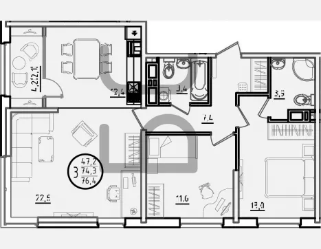 3-комн. квартира, 74.30 м², 4/18 этаж фото 0