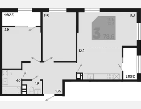 3-комн. квартира, 74.40 м², 9/9 этаж фото 0