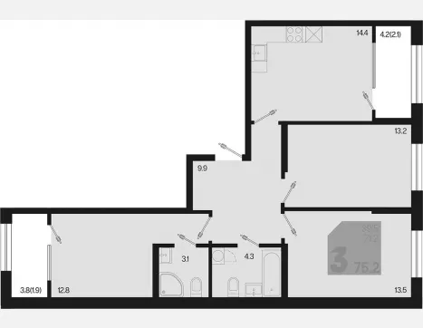3-комн. квартира, 71.20 м², 2/9 этаж фото 0