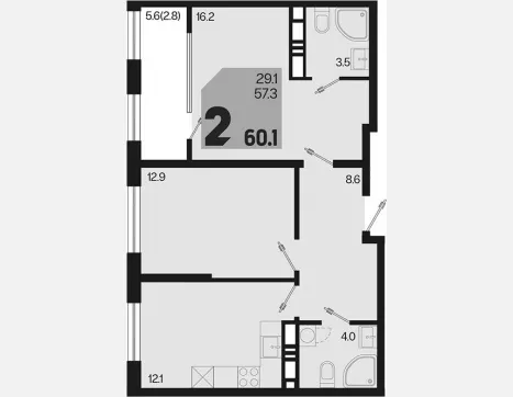 2-комн. квартира, 57.30 м², 18/18 этаж фото 0